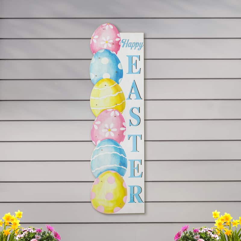 Glitzhome 42"H Lighted Wooden Stacked Eggs Happy Easter Porch Sign with Timer
