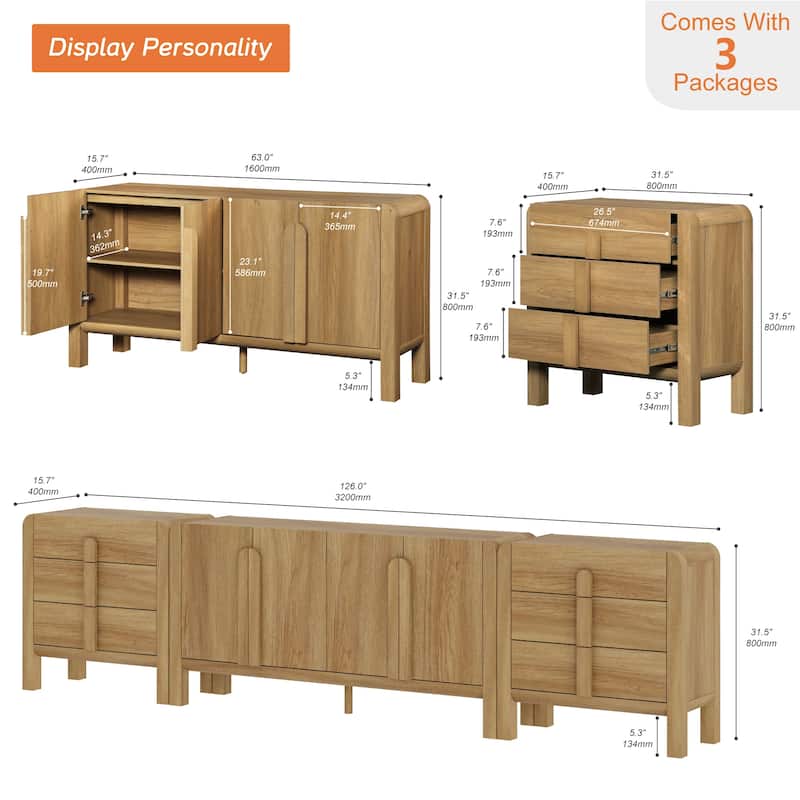 WAMPAT 3-Piece Sideboard Buffet With Storage, Mid-Century Modern 126" Wood Credenza With Doors And Adjustable Shelves