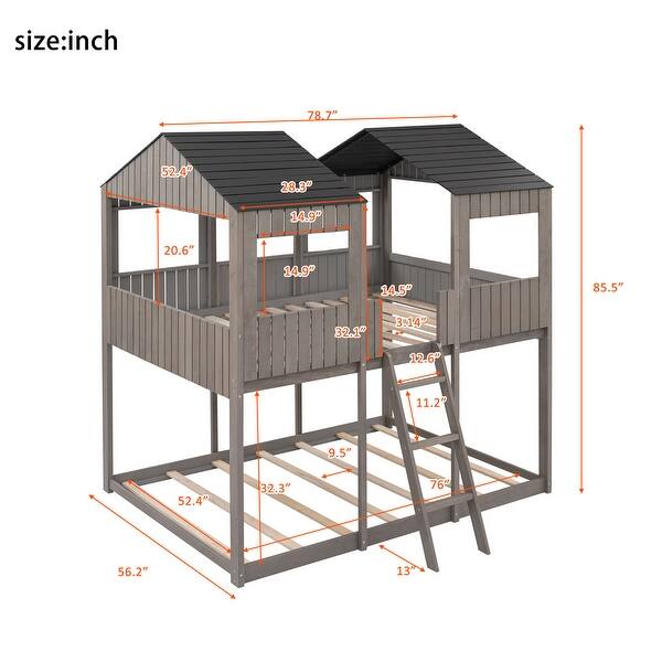 dimension image slide 1 of 2, Full Over Full Wood Bunk Bed with Roof, Window, Guardrail & Ladder, Playhouse-Inspired, Safe & Durable Design, Antique Grey