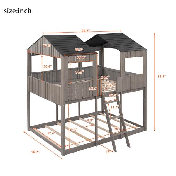 dimension image slide 1 of 2, Full Over Full Wooden Bunk Bed House Kids Bed with Roof,Window,Guardrail,Ladder,Playhouse Inspired
