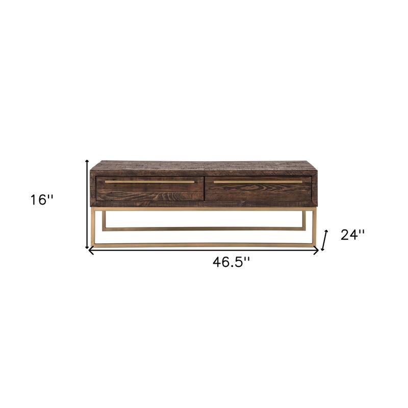 HomeRoots 47" Dark Brown And Gold Metal Coffee Table With Drawer - 46.5