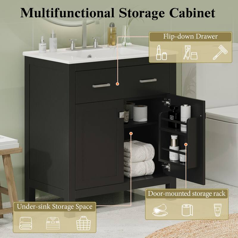 30" Bathroom Vanity with Ceramic Sink, Modern Single Bathroom Cabinet with 2 Doors and a Shelf, Soft Close Doors