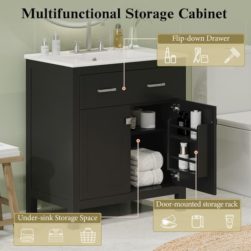 30" Modern Bathroom Vanity with Ceramic Sink, Soft-Close Doors, Flip-Out Drawer & Adjustable U-Shaped Shelf