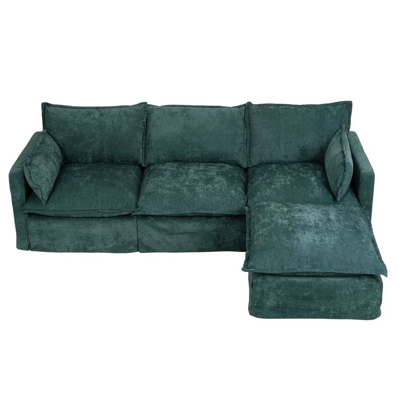 93.31" Faux Linen Modular Sectional Sofa with Ottoman, Wood Frame - Green