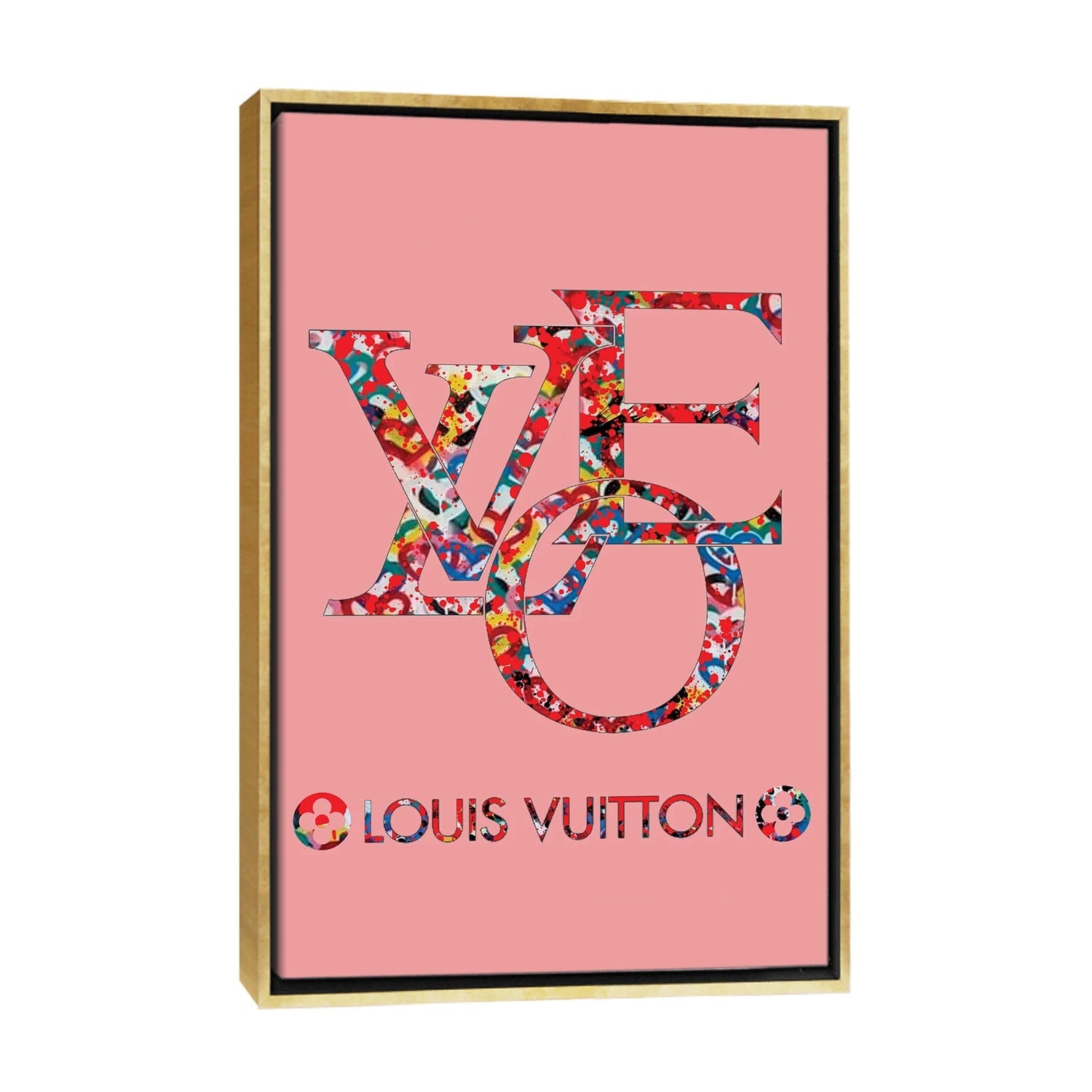 Framed Canvas Art (Gold Floating Frame) - LV Love Logo by TJ ( Fashion > Fashion Brands > Louis Vuitton art) - 26x18 in