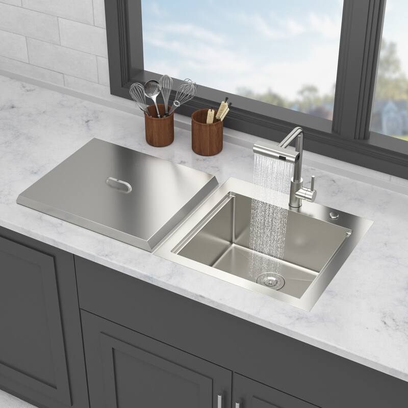 21 Inch Drop-in Single Bowl 16 Gauge Stainless Steel Kitchen Sink with Pull-Out Faucet in Brushed Nickel - 21'' x 20'' x 9''