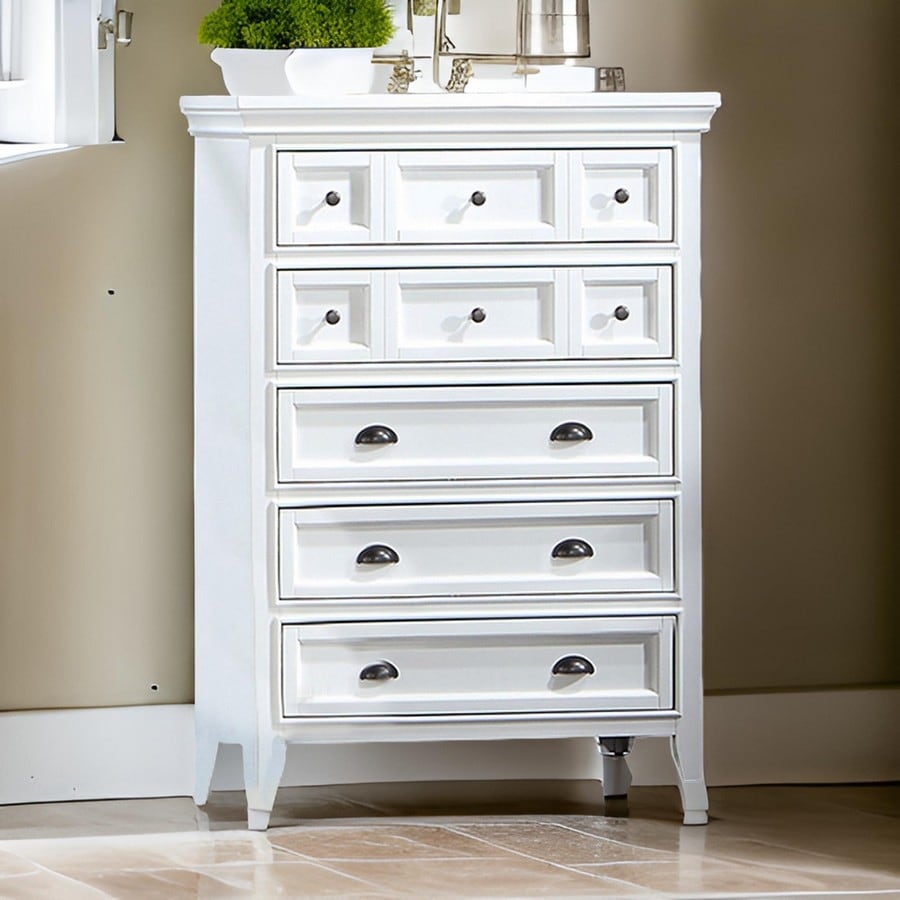 Benjara Lile 50 inch Tall Dresser Chest 6 Drawer Crown Molding Solid Wood White