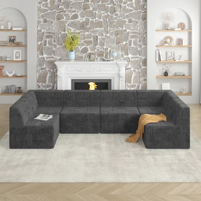 130.3" U-Shaped Corduroy Sectional Sofa with Sleeper (6/7/9-Seater)