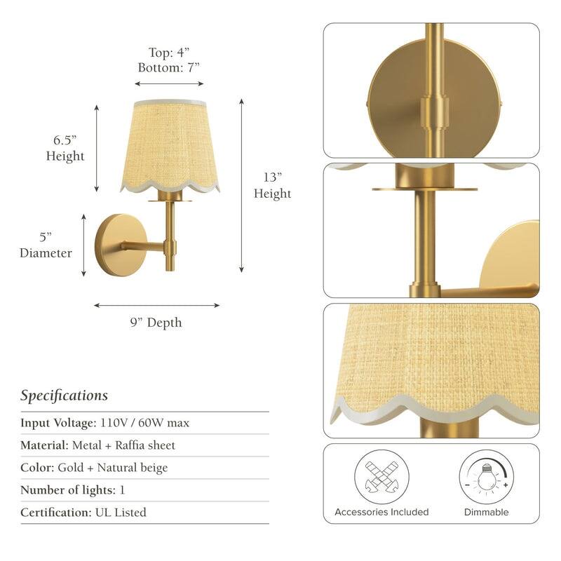Rowabi Elan Cone Arm Sconce - Metal, Raffia & Natural Beige, Gold Wall Sconce for Bedroom, Hallway in Modern, Mid-Century Style