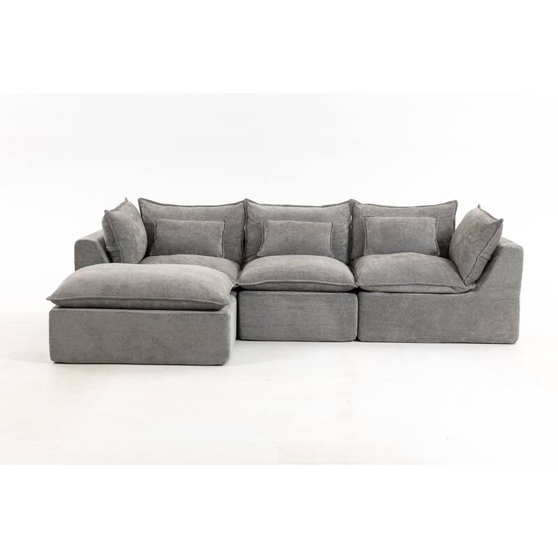 Oversized Modular Sectional Sofa, Comfy Velvet Deep Seat Cloud Couch, 3 Seat Sofa with Ottoman for Living Room, Apartment - Antique Grey