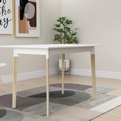 Modern Dining Table 47 Inch Kitchen Table Rectangular Top with Solid Wood Leg-White - White