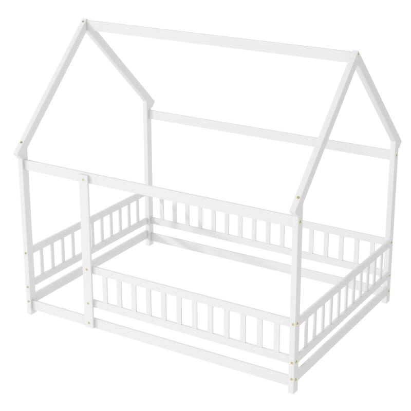 Full Size Wooden House Floor Bed with Roof Frame and Safety Guardrails, White