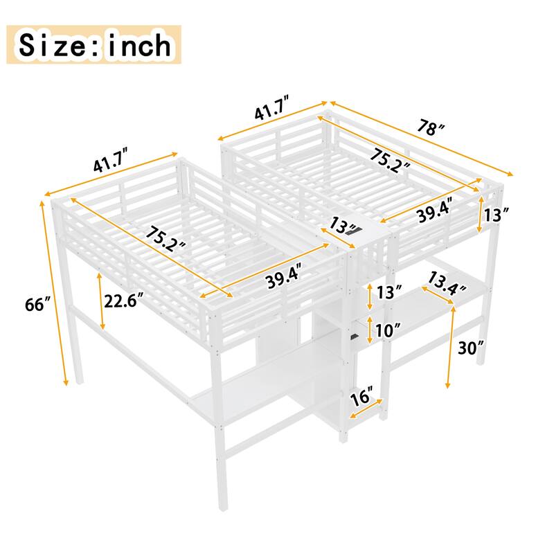 Twin Over Twin Metal Loft Bed with Double Desk, Wardrobe, Shelves & Electrical Outlet for Space Saving and Noise Reduction
