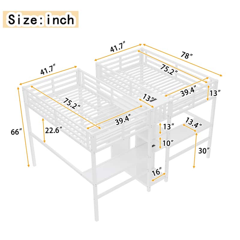 Twin Over Twin Metal Loft Bed with Double Desk, Wardrobe & Shelves