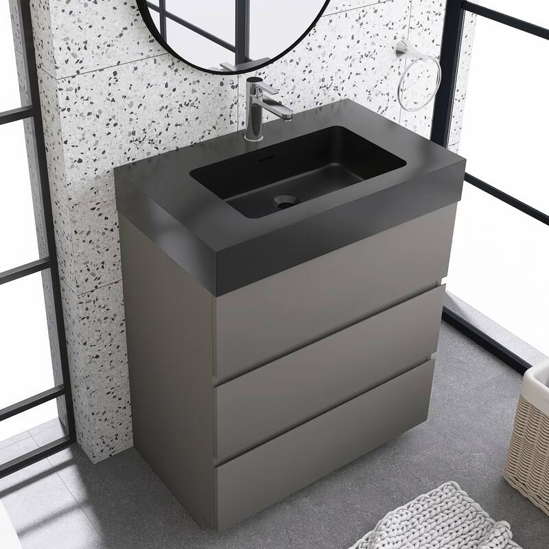Freestanding Bathroom Vanity with Black Solid Surface Top
