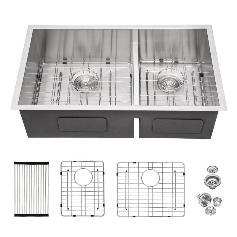33" Undermount Double Bowl 16 Gauge Stainless Steel Kitchen Sink in Brushed Nickel - 33'' x 19'' x 10''