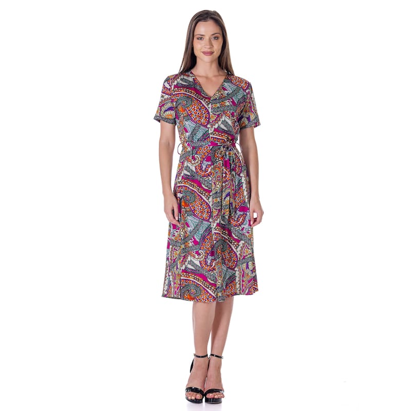 24seven Comfort Apparel Womens Pink Paisley Short Sleeve Tie Waist Midi Dress - Pink - M