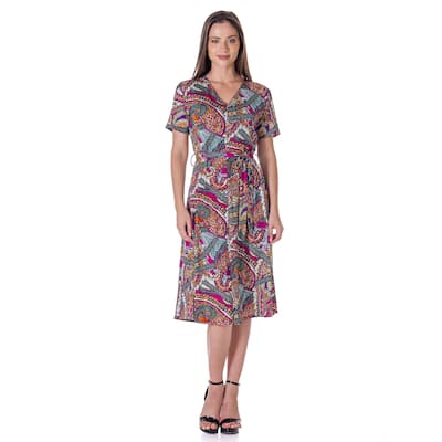 24seven Comfort Apparel Womens Pink Paisley Short Sleeve Tie Waist Midi Dress