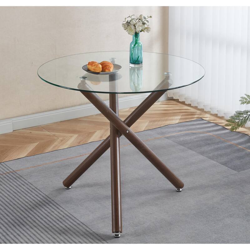 Round Dining Table With Color Metal Leg And Tempered Glass