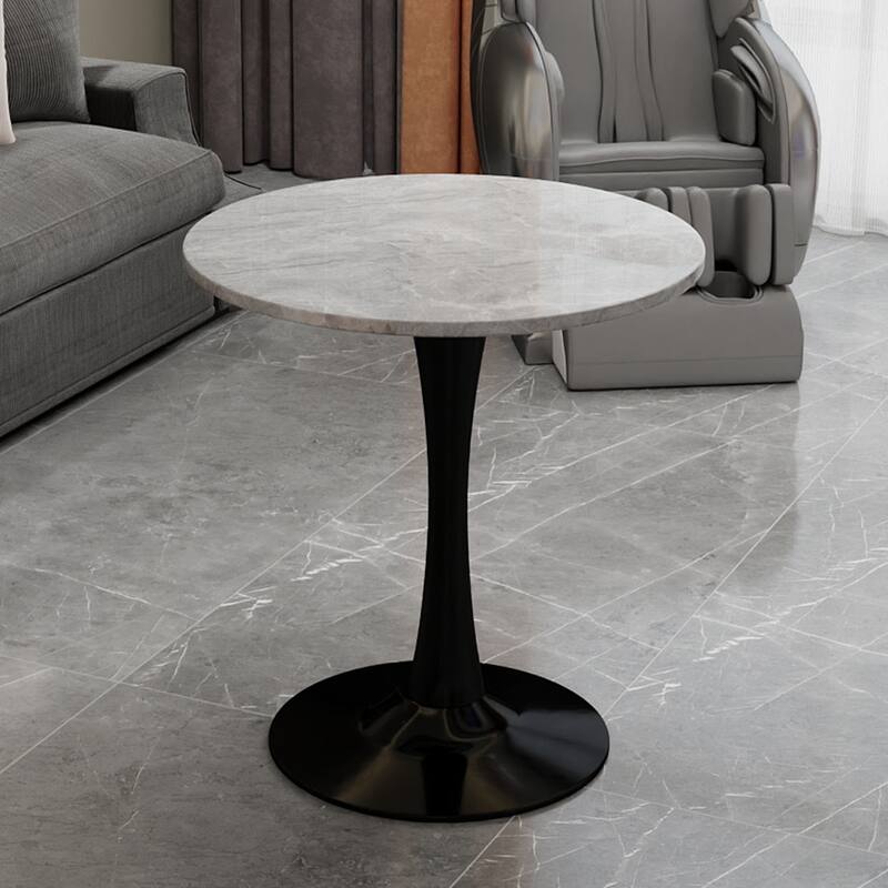 27.6" Mid-Century Modern Style Dining Table, Accommodates 2-4 People, Featuring A Round Light Gray Textured Marble Tabletop - Black+Gray