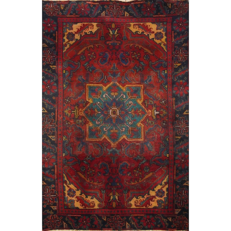 Hand Knotted Oriental 100% Wool Carpet Traditional Floral Red Heriz Area Rug - 4' 5'' X 3' 3''