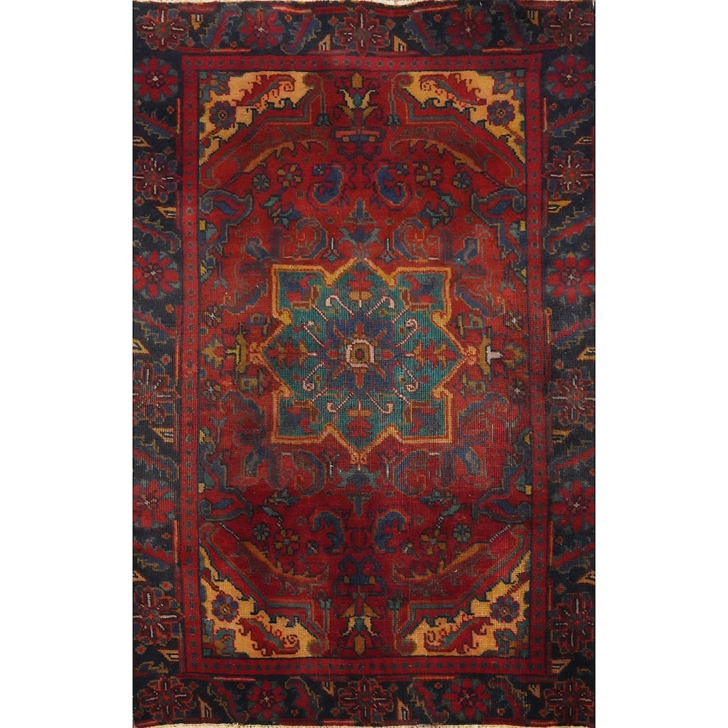 Hand Knotted Oriental 100% Wool Carpet Traditional Floral Red Heriz Area Rug - 4' 5'' X 3' 3''