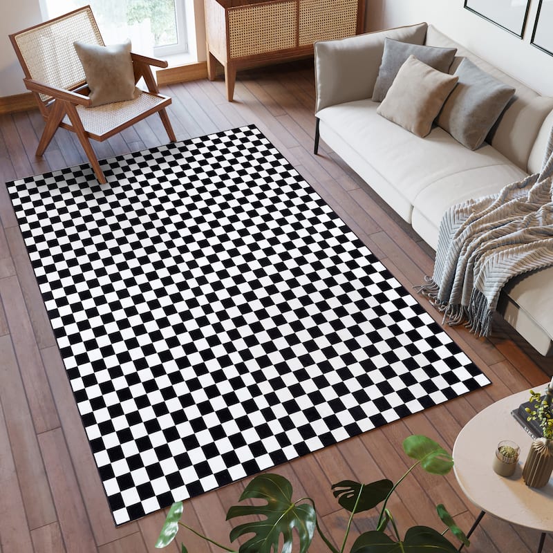 Gertmenian Crystal Print Soft Flat Pile Polyester Slip Resistant Washable Indoor Printed Area Rug Collection - 5' x 7' - Checker Black - Rectangle