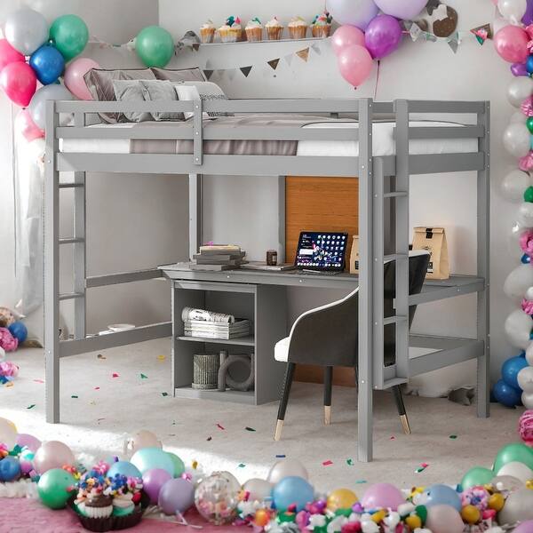 slide 2 of 14, Full size Loft Bed With Desk and Writing Board,2 Drawers Cabinet for Home Grey