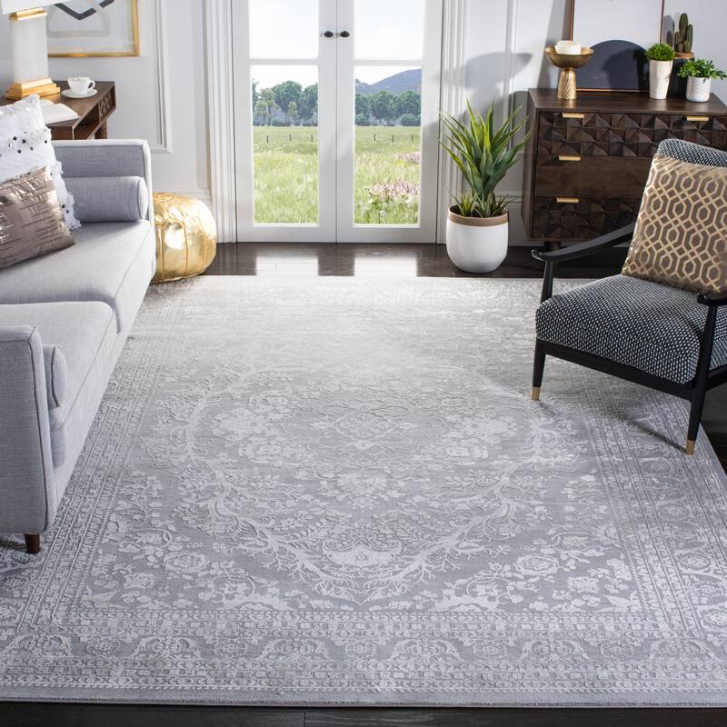 SAFAVIEH Reflection Emaline Modern Oriental Polyester Rug - 3' Square - Light Grey/Cream