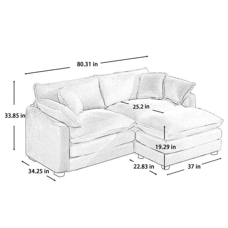 Beige Corduroy Cloud L-Shaped Sectional Sofa with Removable Ottoman and 4 Pillows