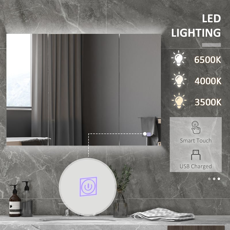 White Wall-Mounted Bathroom Mirror Cabinet with LED Lights and Adjustable Shelves Touch Control - 35.5" W x 6" D x 25.5" H