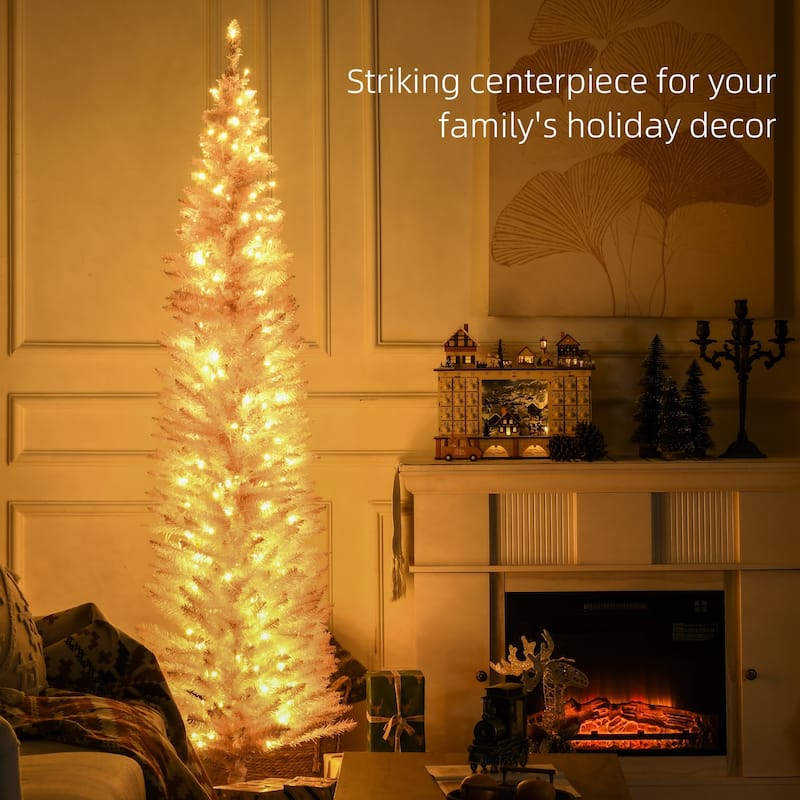 HOMCOM 7' Tall Pre-Lit Slim Noble Fir Artificial Christmas Tree with Realistic Branches, 200 Warm White LED Lights and 499 Tips