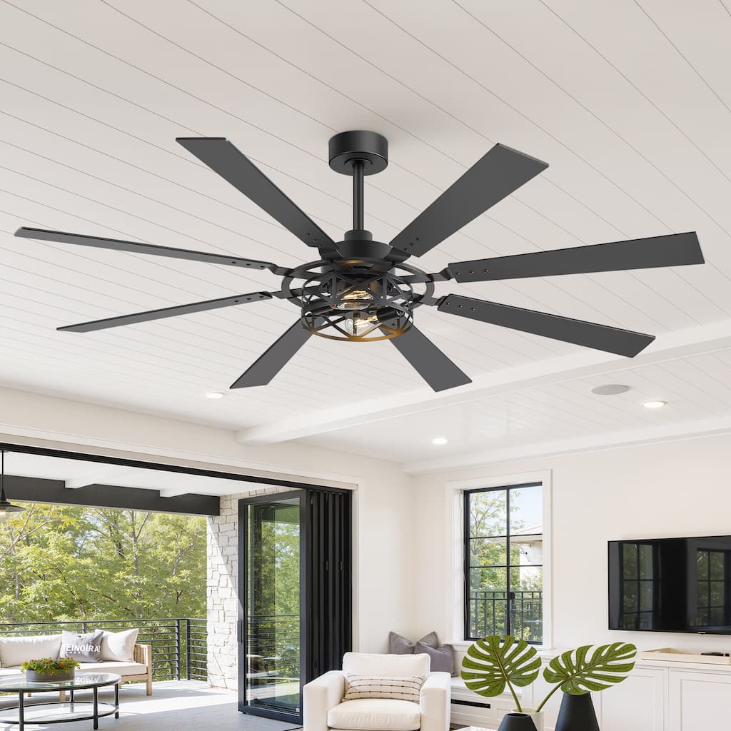 65 Inch Modern Ceiling Fan with Light, 8-Blade Wood Grain Black Fan, Quiet DC Motor, Remote Control, for Living Room/Bedroom
