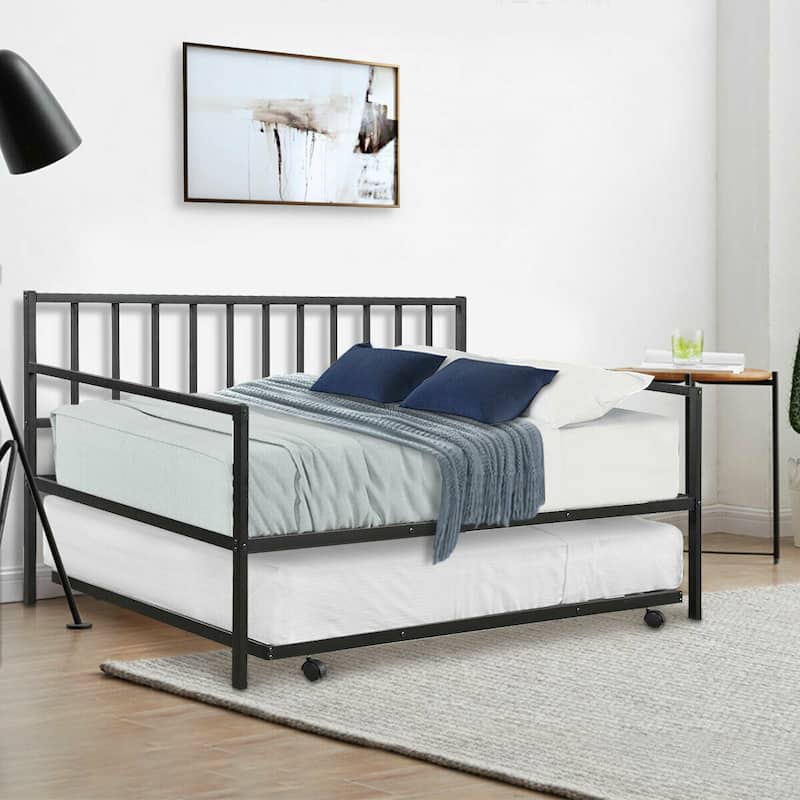 Gymax Twin Trundle DayBed w/ 4 Casters Mattress Platform Bed Sofa