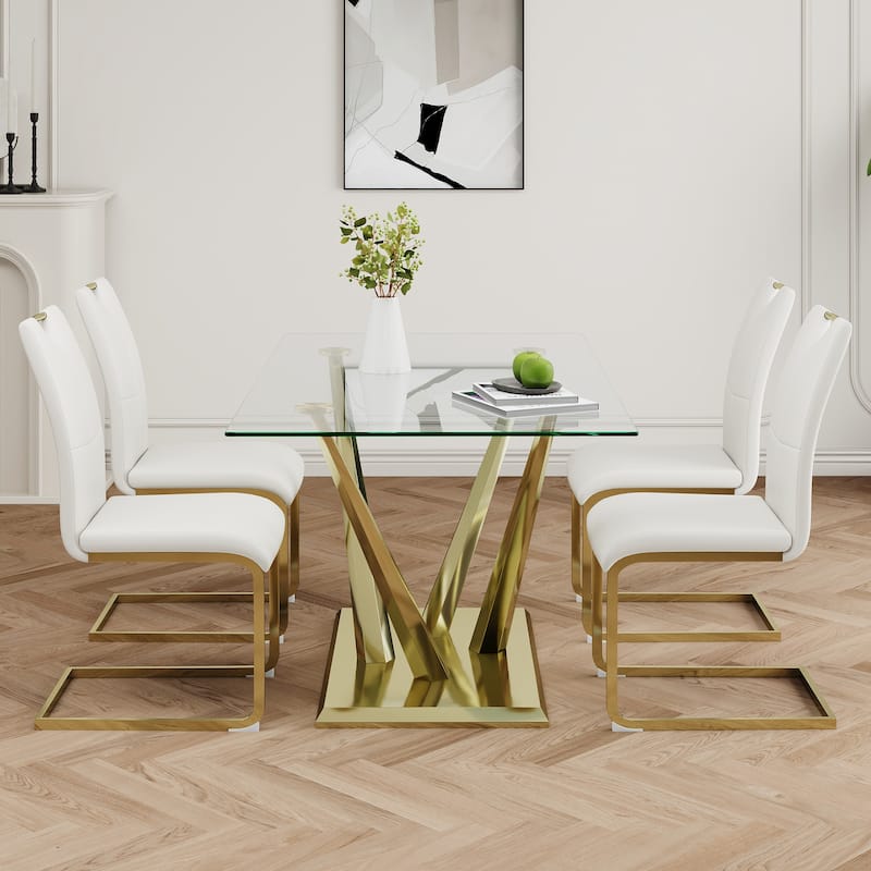 5-Piece Rectangular Dining Table Set for 4 Modern 63" Tempered Glass Kitchen Table with 4 Chairs, Luxury Dining Room Table Set