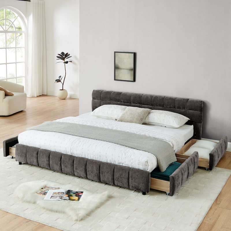 Block Thick Chenille Low Profile Platform Bed Fabric Upholstered Bedframe with Headboard Solid Wood Frame - Optional Storage Bed - Dark Grey with Drawers - King