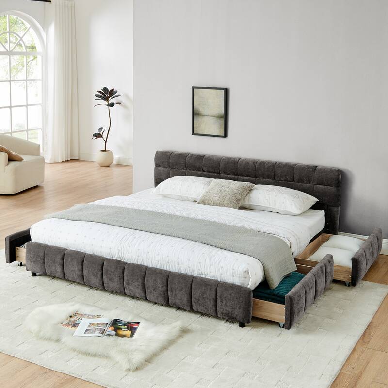 Roomfitters King Upholstered Platform Bed with Storage, Chenille Fabric Frame with Headboard - Dark Gray - King