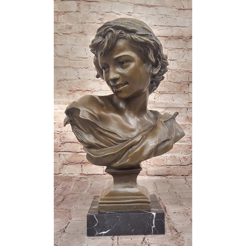 Charming Smiling Boy Bronze Bust Sculpture With Marble Base By Dalou