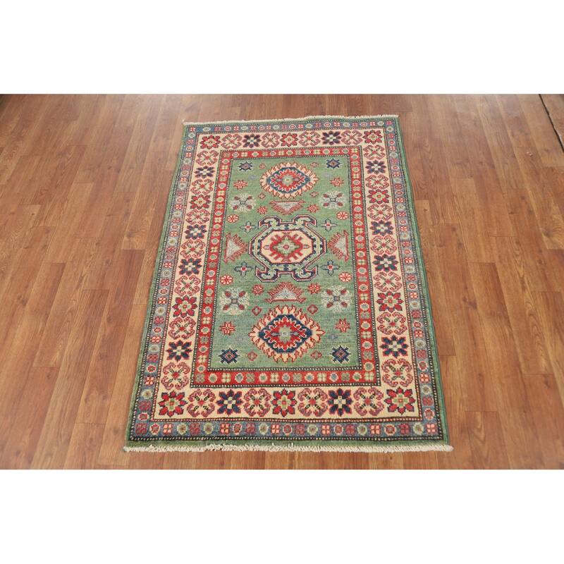 Light Green Kazak Foyer Rug Hand-Knotted Wool Carpet - 2'8"x 3'11"