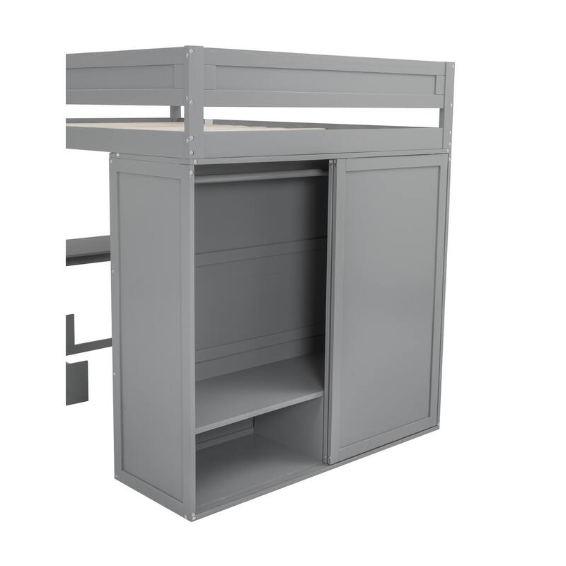 Full Size Loft Bed with Wardrobes, Desk, and Storage Cabinet in Gray