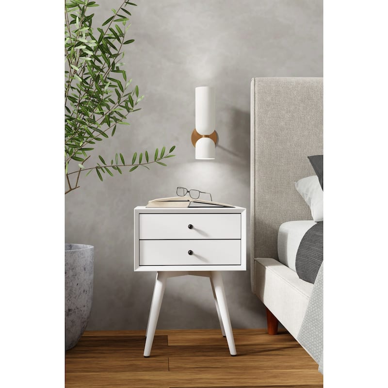 Small Mid-Century Modern Nightstand in White Finish with Tapered Legs and Smooth Ball-Bearing Drawer Glides