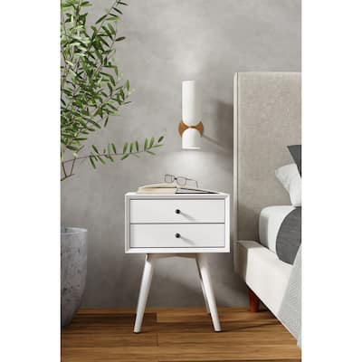 Small Mid-Century Modern Nightstand in White Finish with Tapered Legs and Smooth Ball-Bearing Drawer Glides