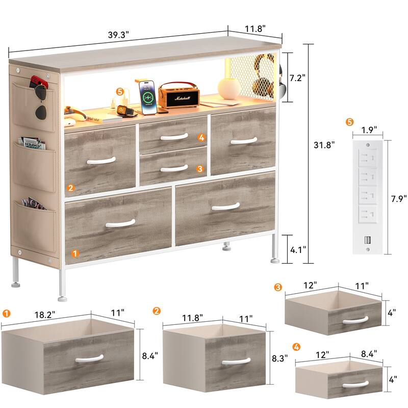 Dresser for Bedroom TV Stand with Power Outlets and LED Light, 6 Dresser with Shelves for 45" TV, PU Finish