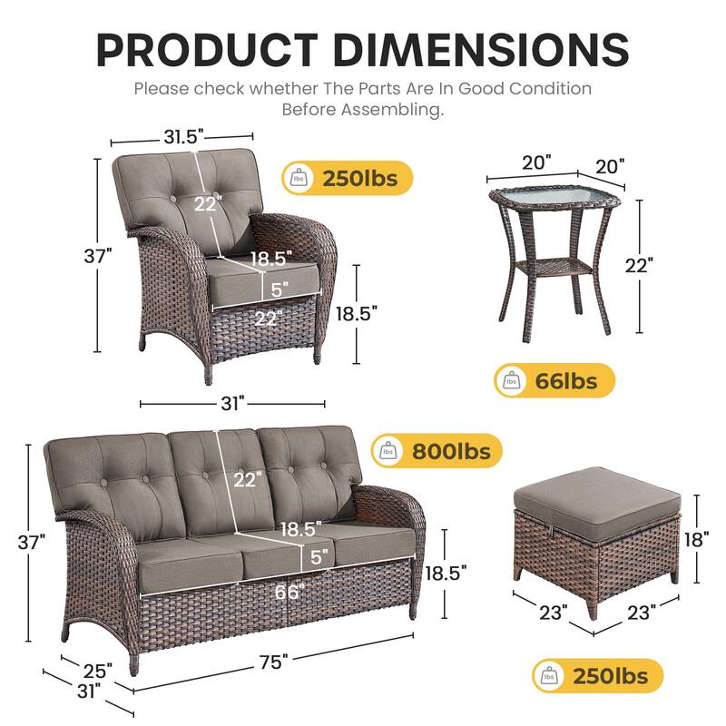 Gymojoy 6-Piece Outdoor Wicker Patio Furniture Set, 5" Thick Cushioned Rattan Conversation Set