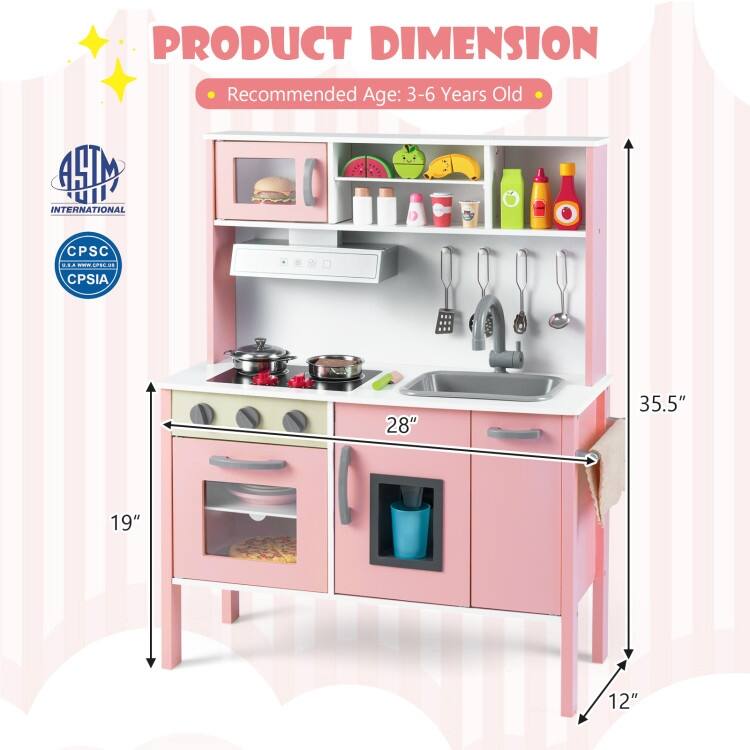 Wooden Pretend Play Kitchen Set for Toddlers - 28"L x 12"W x 35.5"H
