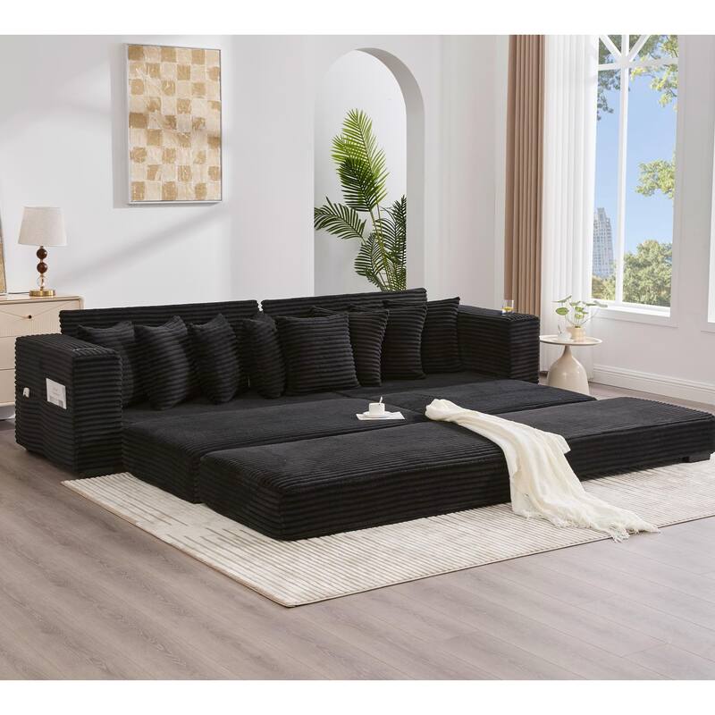 110.75" Corduroy Sectional Sofa, Convertible Sleeper Sofa Bed L-Shaped Upholstered Couch with Removable Footstool, Cup Holder