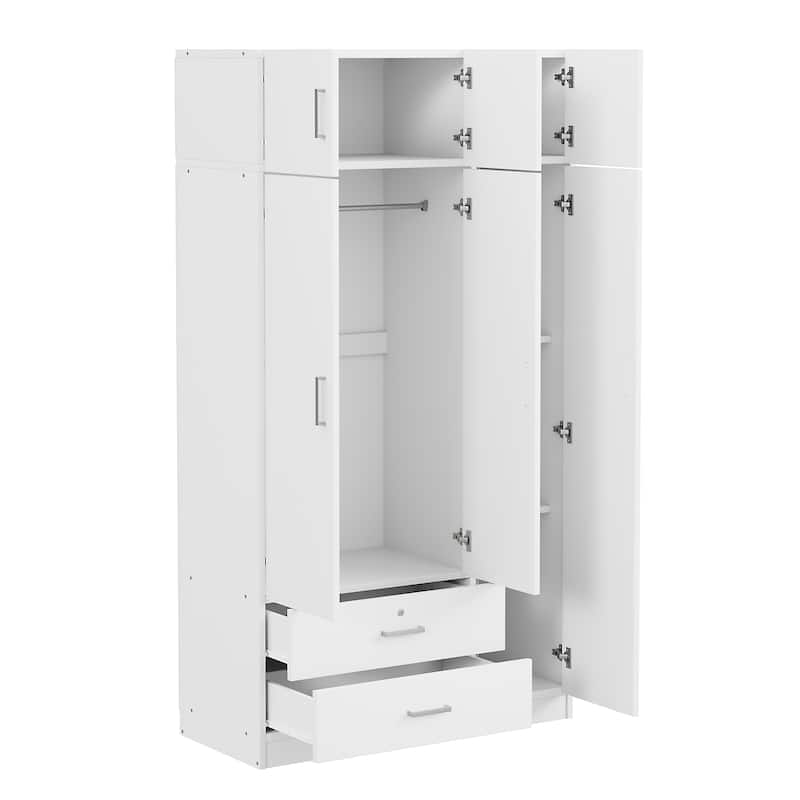 3-Door Wardrobe with Dressing Mirror Door for Rental Housing Bedroom, Mirror Armoires Closet with 2 Drawers & Top Cabinet, White