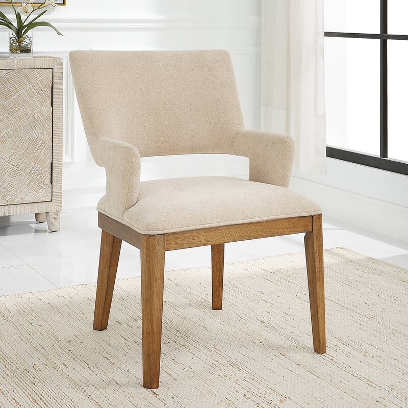 Upholstered Open Back Dining Chair with Arms - 35.5" - Brown and Beige