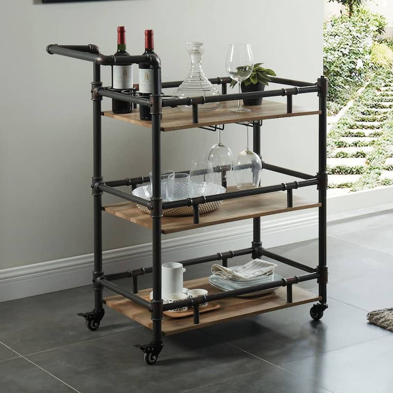 Industrial Style Antique Black Inspired Design Natural Oak 1pc Serving cart 3-Tier Server w wheels
