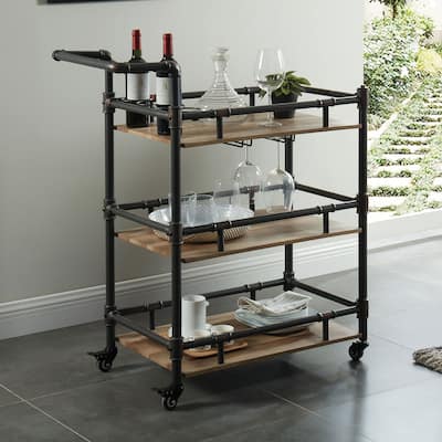 Industrial Style Antique Black Inspired Design Natural Oak 1pc Serving cart 3-Tier Server w wheels